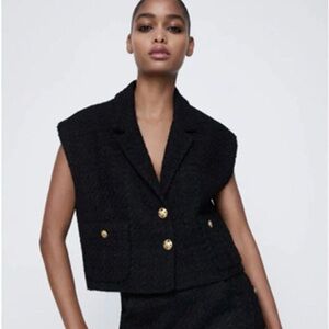 ZARA Black Tweed Vest Gold Buttons Cropped Tailored Waistcoat Size S